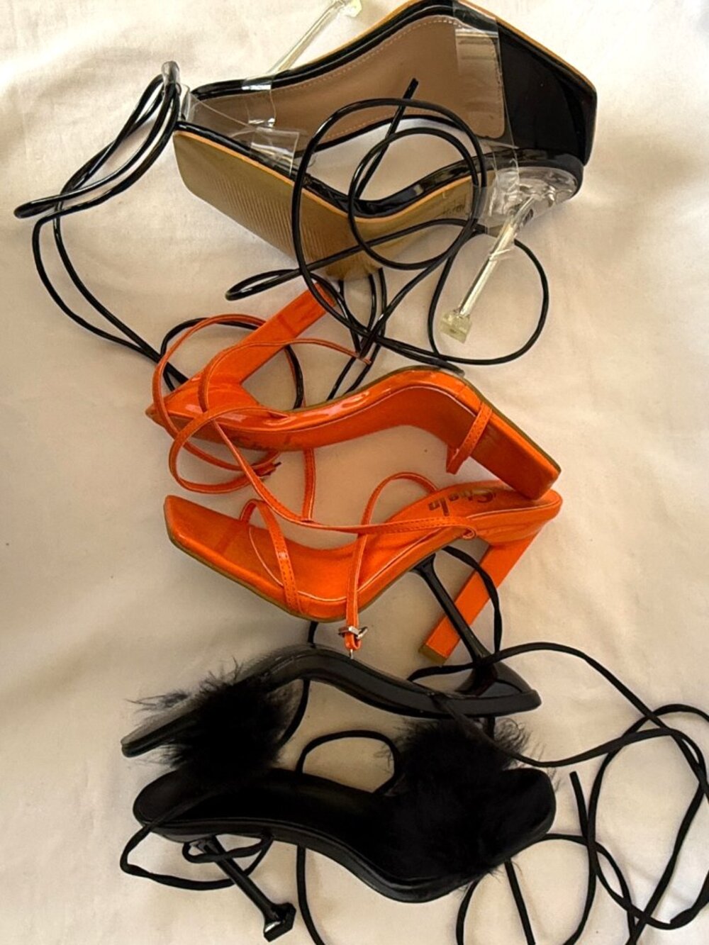 3 LACE UP HIGH HEELS SANDALS SHOES WOMENS SIZE 36 US 6 BLACK ORANGE SHEIN BUNDLE